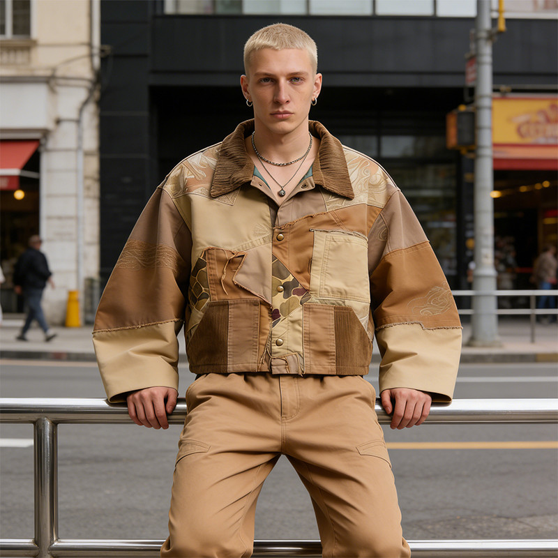 Custom Tech Cargo Patchwork Frayed Print Jacket