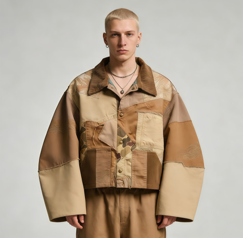 Custom Tech Cargo Patchwork Frayed Print Jacket | Technicalwear Cargo | 95% Cotton | Custom Streetwear