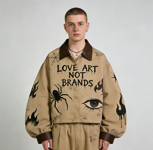 Custom Tech Cargo Digital Spray Print Jacket | PU Patchwork Frayed |Screen Printing | Custom Streetwear