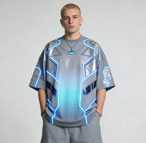 Custom Cyber Tech Digital Print Spray T-shirt | Gradient Metallic Lamination | Techwear | Custom Streetwear