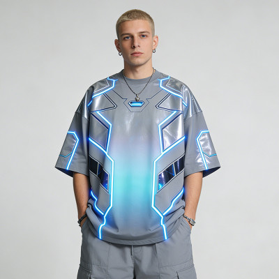 Custom Cyber Tech Digital Print Spray T-shirt | Gradient Metallic Lamination | Techwear | Custom Streetwear
