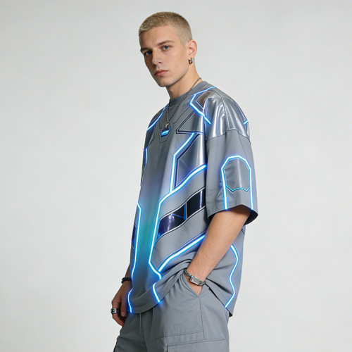 Custom Cyber Tech Digital Print Spray T-shirt | Gradient Metallic Lamination | Techwear | Custom Streetwear