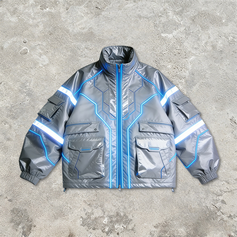 Custom Cyber Tech Metallic Reflective Cargo Jacket
