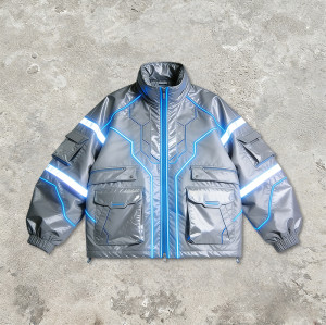 Custom Cyber Tech Metallic Reflective Cargo Jacket | Techwear | Custom Streetwear | ODM OEM