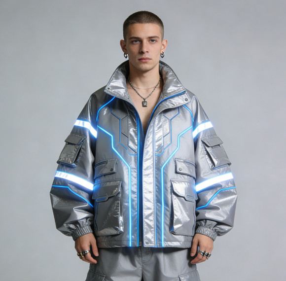 Custom Cyber Tech Metallic Reflective Cargo Jacket | Techwear | Custom Streetwear | ODM OEM