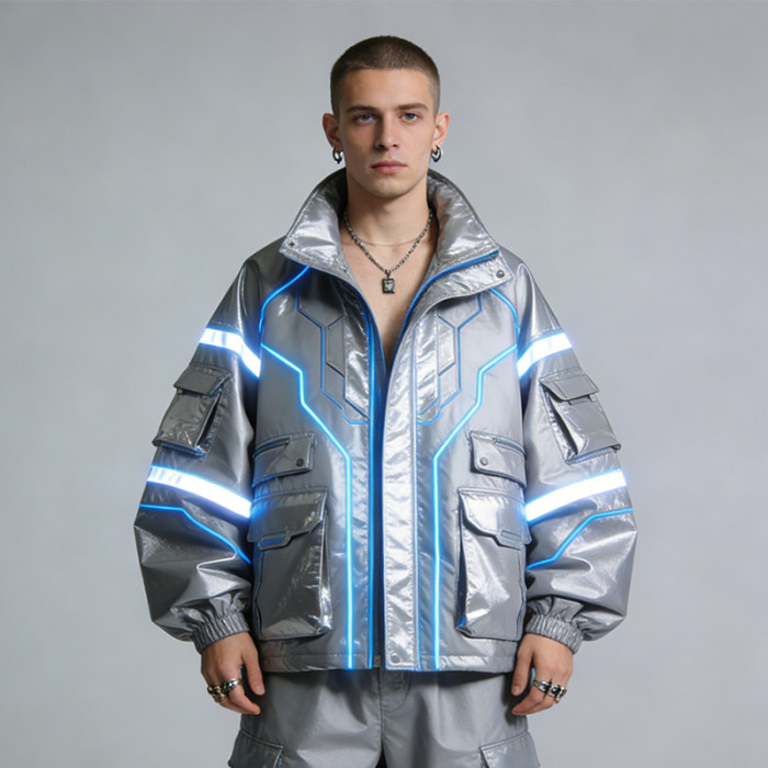 Custom Cyber Tech Metallic Reflective Cargo Jacket | Techwear | Custom Streetwear | ODM OEM