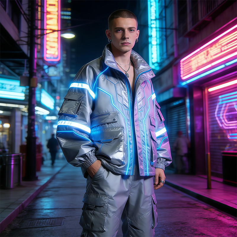 Custom Cyber Tech Metallic Reflective Cargo Jacket