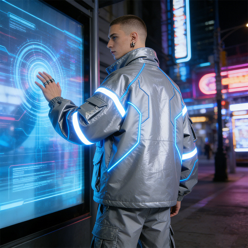 Custom Cyber Tech Metallic Reflective Cargo Jacket
