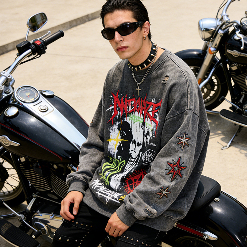 Custom Punk Washed Distressed Digital Print T-shirt