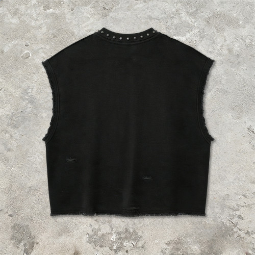 Custom Punk Delic Studded Patch Sleeveless T-shirt | Punk Streetwear |  Washed Frayed | Custom Streetwear | OEM Factory