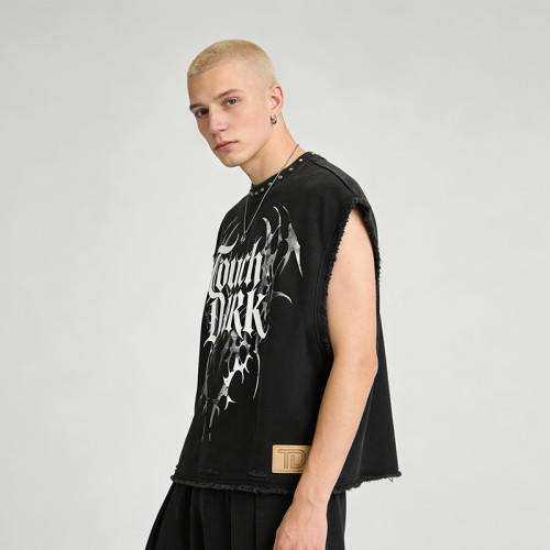 Custom Punk Delic Studded Patch Sleeveless T-shirt | Punk Streetwear |  Washed Frayed | Custom Streetwear | OEM Factory