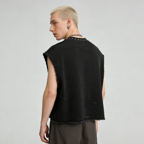 Custom Punk Delic Studded Patch Sleeveless T-shirt | Punk Streetwear |  Washed Frayed | Custom Streetwear | OEM Factory