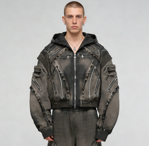 Custom Punk Delic Distressed Multi-zip Jacket | Punk Streetwear | Washed | Custom Streetwear | OEM ODM