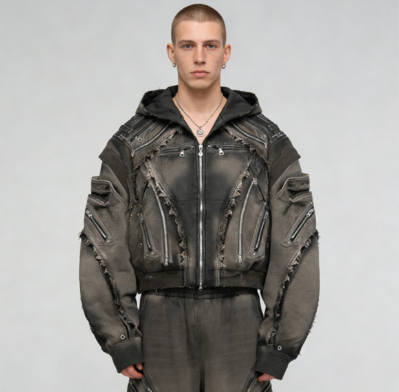 Custom Punk Delic Distressed Multi-zip Jacket | Punk Streetwear | Washed | Custom Streetwear | OEM ODM