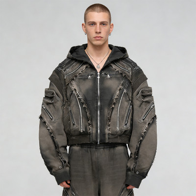 Custom Punk Delic Distressed Multi-zip Jacket | Punk Streetwear | Washed | Custom Streetwear | OEM ODM
