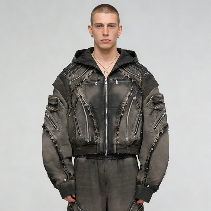 Custom Punk Delic Distressed Multi-zip Jacket | Punk Streetwear | Washed | Custom Streetwear | OEM ODM