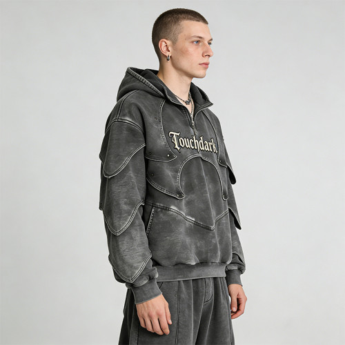 Custom Punk Delic Studded Applique Hoodie | Punk Streetwear | Washed | Custom Streetwear | OEM Factory