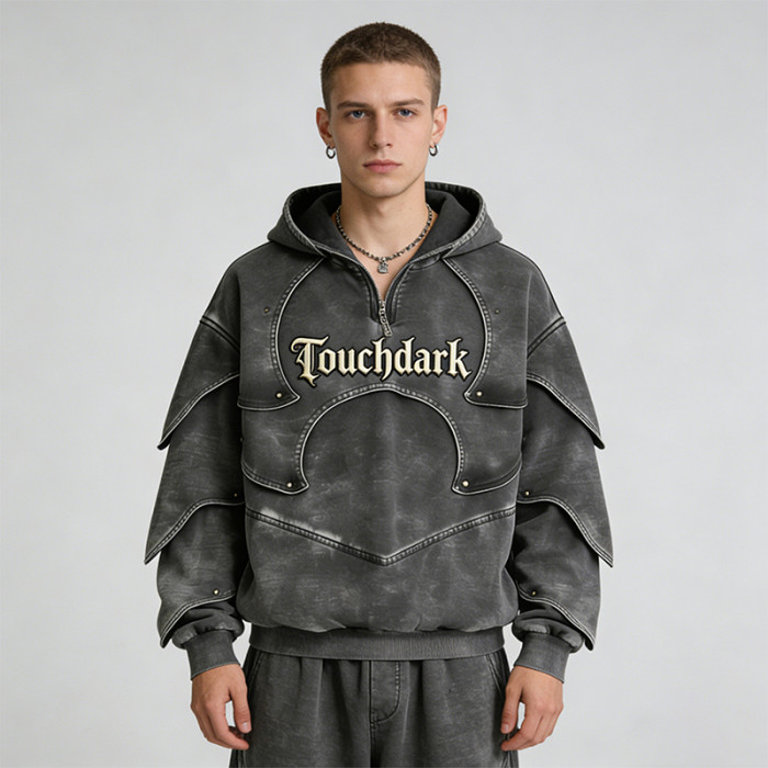 Custom Punk Delic Studded Applique Hoodie | Punk Streetwear | Washed | Custom Streetwear | OEM Factory