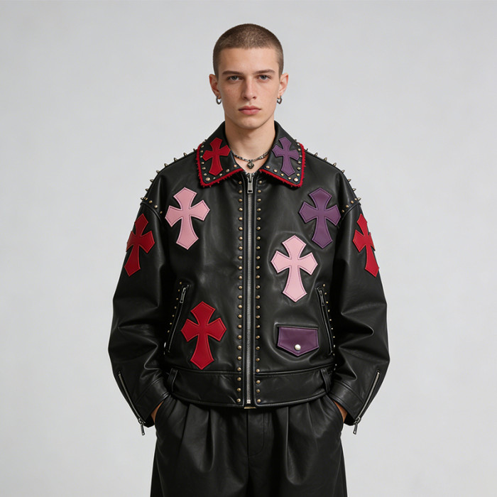 Custom Punk Delic Studded Patch Frayed PU Jacket | Punk Streetwear | 100% PU Leather | Custom Streetwear | OEM ODM