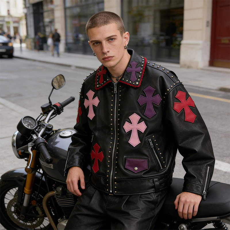 Custom Punk Delic Studded Patch Flayed PU jacket