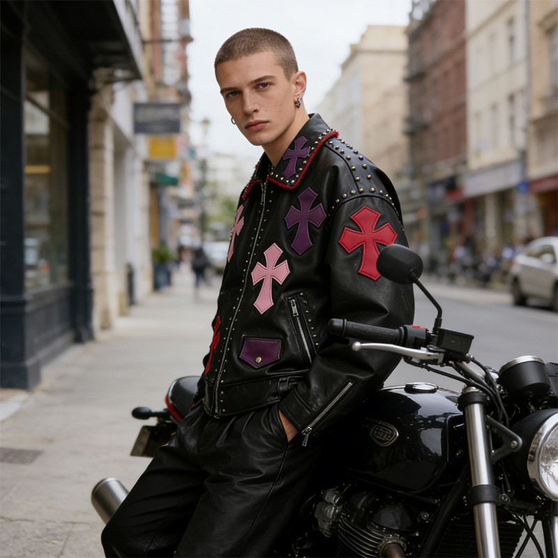 Custom Punk Delic Studded Patch Flayed PU jacket