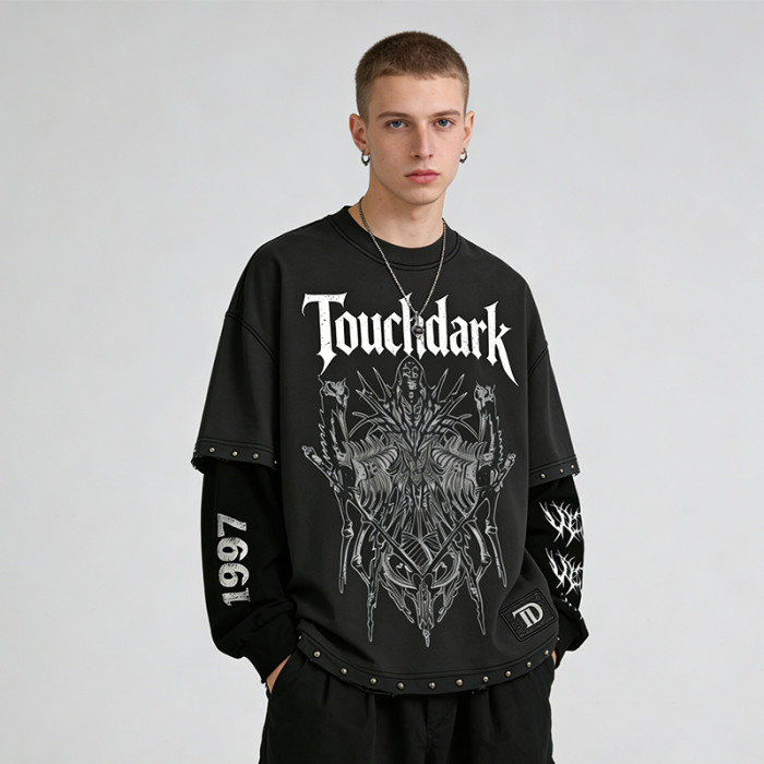 Custom Punk Delic Frayed Studded Patch T-shirt | Punk Streetwear | Screen Print | Custom Streetwear| OEM Factory