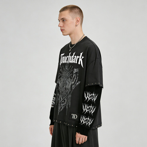 Custom Punk Delic Frayed Studded Patch T-shirt | Punk Streetwear | Screen Print | Custom Streetwear| OEM Factory