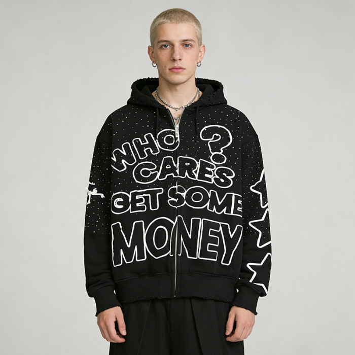 Custom Punk Delic Frayed Screen Print Hoodie | Punk Streetwear | Rhinestone | Custom Streetwear | OEM ODM