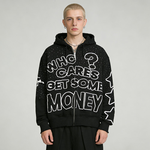 Custom Punk Delic Frayed Screen Print Hoodie | Punk Streetwear | Rhinestone | Custom Streetwear | OEM ODM