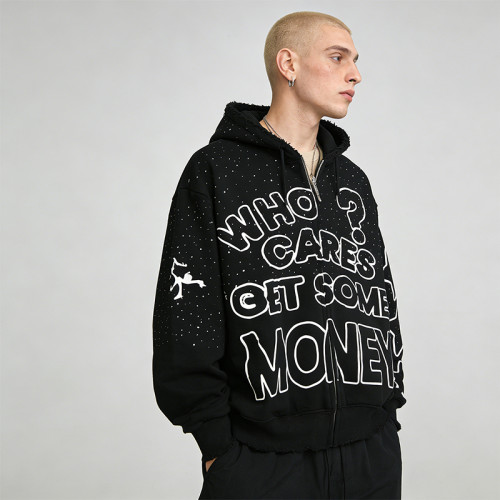 Custom Punk Delic Frayed Screen Print Hoodie | Punk Streetwear | Rhinestone | Custom Streetwear | OEM ODM