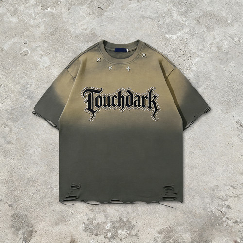 2026 Custom Vintage Gradient Washed Studded Applique T-shirt | Vintage Streetwear | Rhinestone | OEM Streetwear