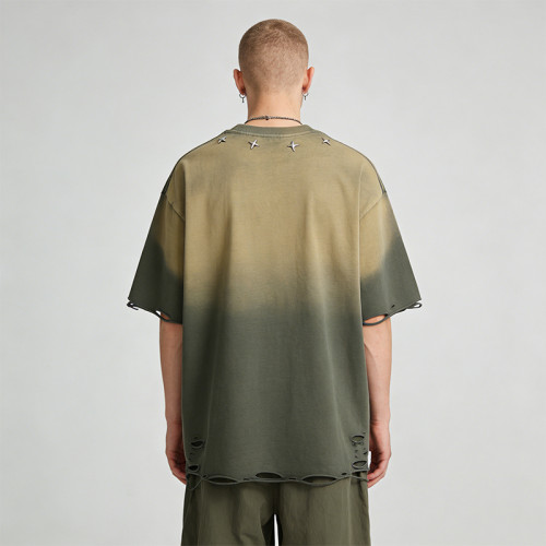 2026 Custom Vintage Gradient Washed Studded Applique T-shirt | Vintage Streetwear | Rhinestone | OEM Streetwear