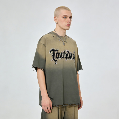 2026 Custom Vintage Gradient Washed Studded Applique T-shirt | Vintage Streetwear | Rhinestone | OEM Streetwear