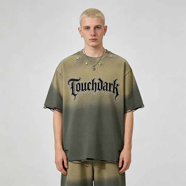 2026 Custom Vintage Gradient Washed Studded Applique T-shirt | Vintage Streetwear | Rhinestone | OEM Streetwear