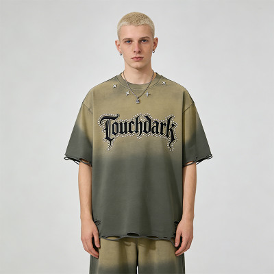 2026 Custom Vintage Gradient Washed Studded Applique T-shirt | Vintage Streetwear | Rhinestone | OEM Streetwear