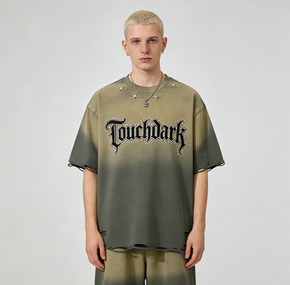 2026 Custom Vintage Gradient Washed Studded Applique T-shirt | Vintage Streetwear | Rhinestone | OEM Streetwear