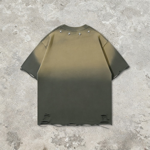 2026 Custom Vintage Gradient Washed Studded Applique T-shirt | Vintage Streetwear | Rhinestone | OEM Streetwear