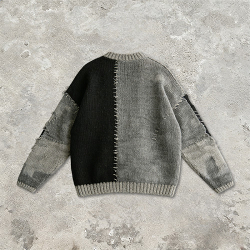 Custom Vintage Washed Jacquard Patchwork Frayed Sweater | Vintage Streetwear  | Streetwear Manufacturer