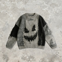 Custom Vintage Washed Jacquard Patchwork Frayed Sweater | Vintage Streetwear  | Streetwear Manufacturer