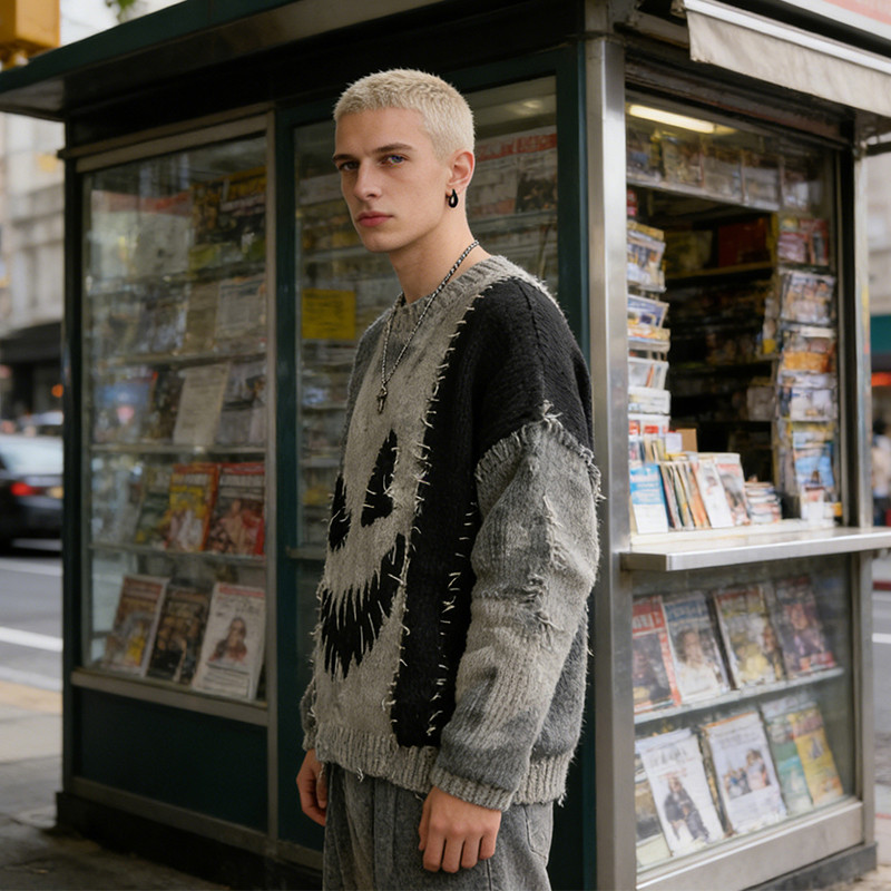 Vintage Washed Jacquard Patchwork Frayed Sweater