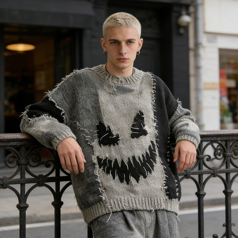 Vintage Washed Jacquard Patchwork Frayed Sweater