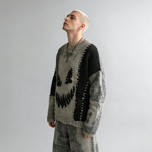 Custom Vintage Washed Jacquard Patchwork Frayed Sweater | Vintage Streetwear  | Streetwear Manufacturer