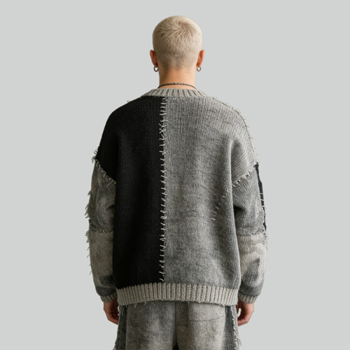 Custom Vintage Washed Jacquard Patchwork Frayed Sweater | Vintage Streetwear  | Streetwear Manufacturer