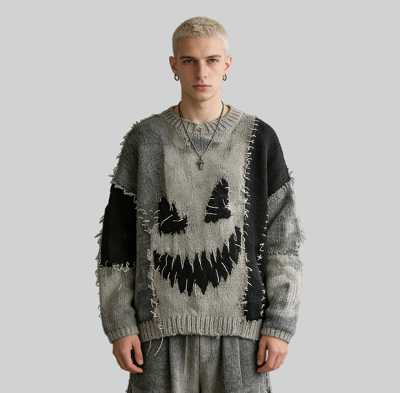 Custom Vintage Washed Jacquard Patchwork Frayed Sweater | Vintage Streetwear  | Streetwear Manufacturer