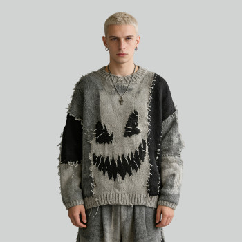 Custom Vintage Washed Jacquard Patchwork Frayed Sweater | Vintage Streetwear  | Streetwear Manufacturer