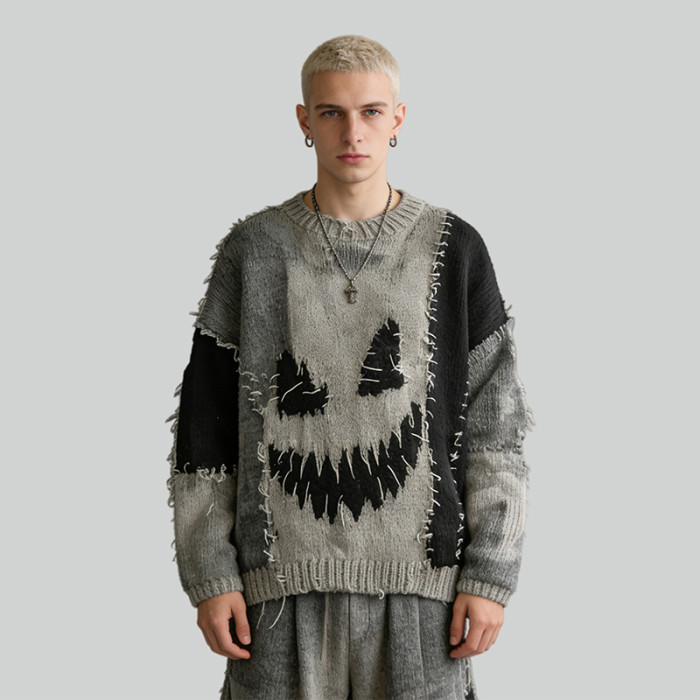Custom Vintage Washed Jacquard Patchwork Frayed Sweater | Vintage Streetwear  | Streetwear Manufacturer