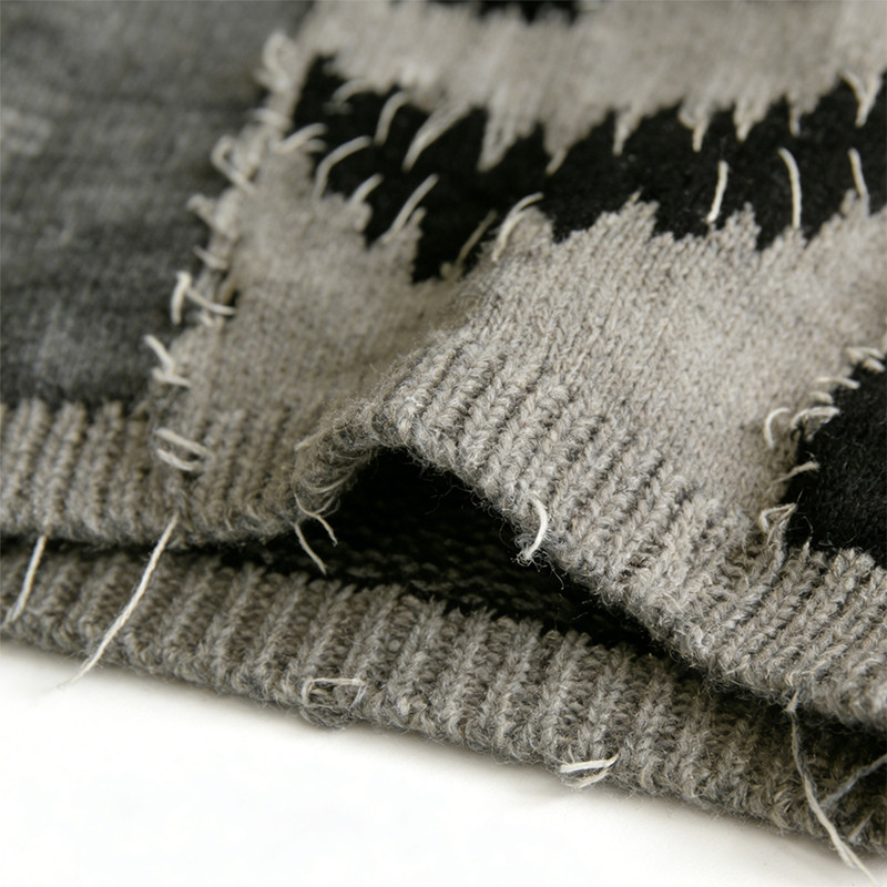 Vintage Washed Jacquard Patchwork Frayed Sweater