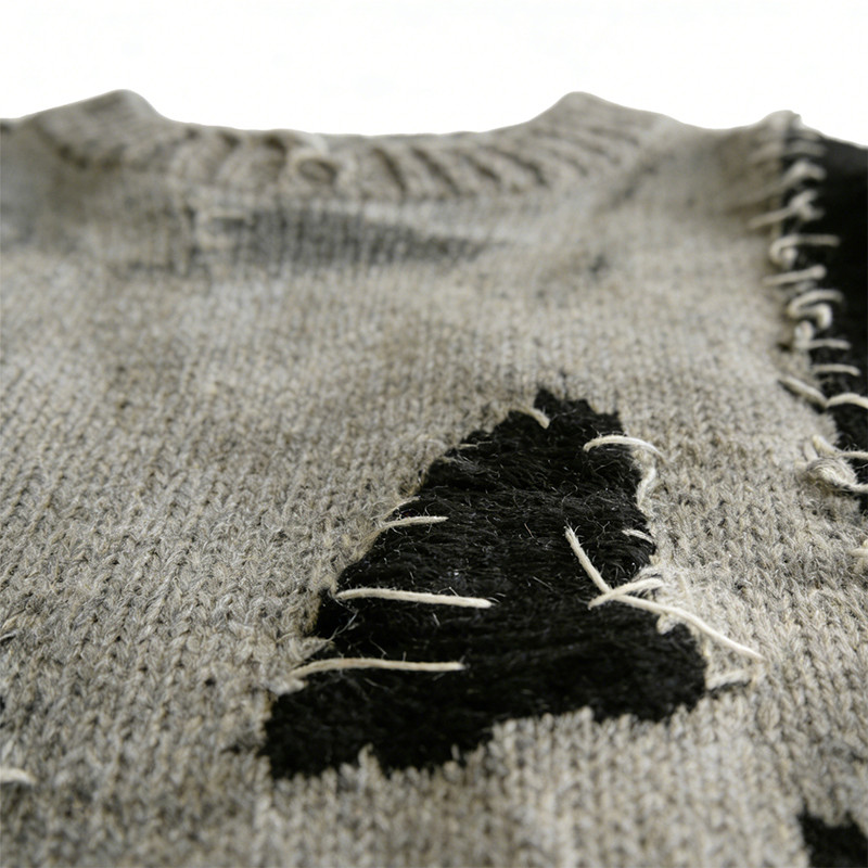 Vintage Washed Jacquard Patchwork Frayed Sweater