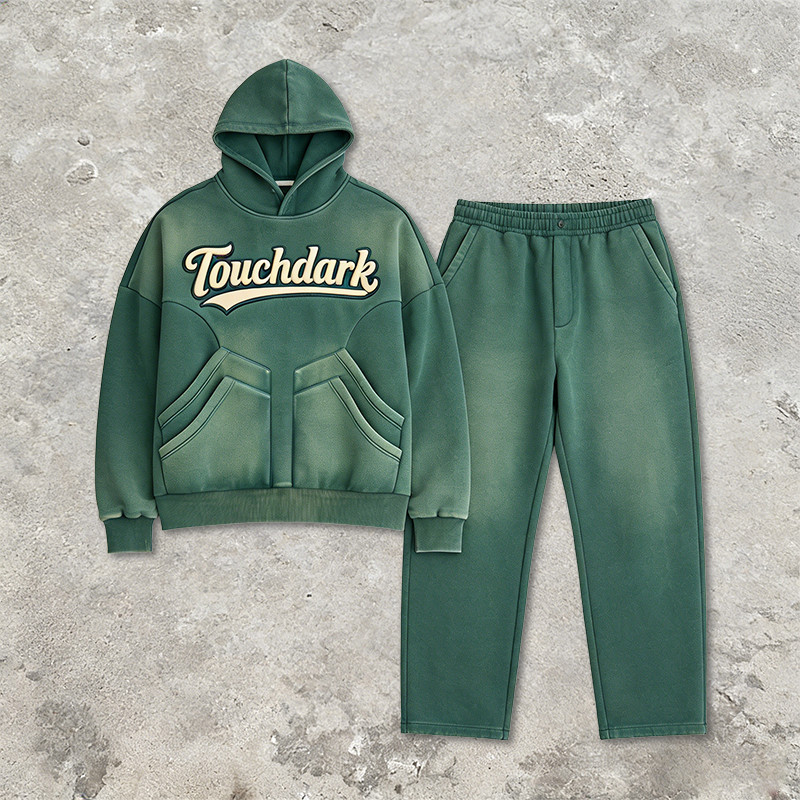 Vintage Washed Spray Dye Applique Hoodie Set