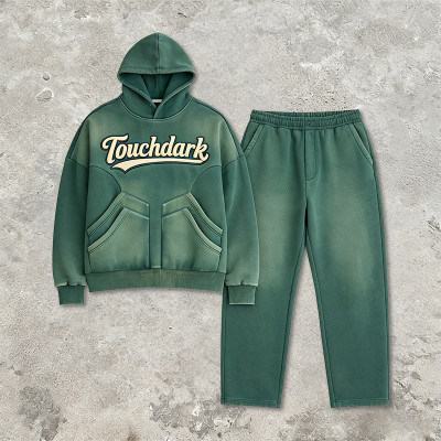 2026 New Design Vintage Washed Spray Dye Applique Hoodie Set | Vintage Streetwear | Custom Streetwear